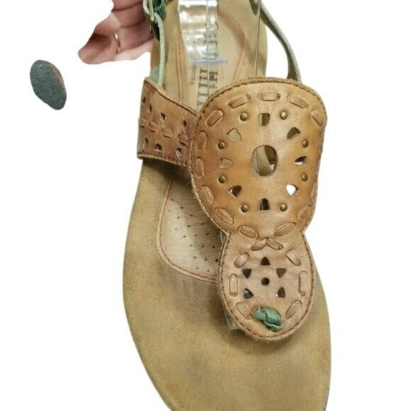 Cobb Hill Womens Leather Sandals Size 7M Green & Tan Strappy Thong Cushioned - Picture 7 of 11